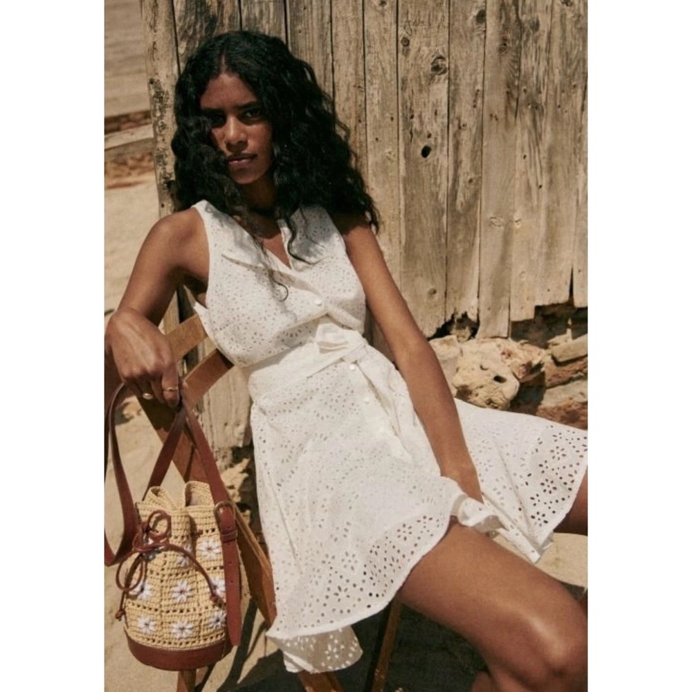 Sezane Solitta Womens Mini Dress‎ White Cottagecore Bride Senior Eyelet Sz 14